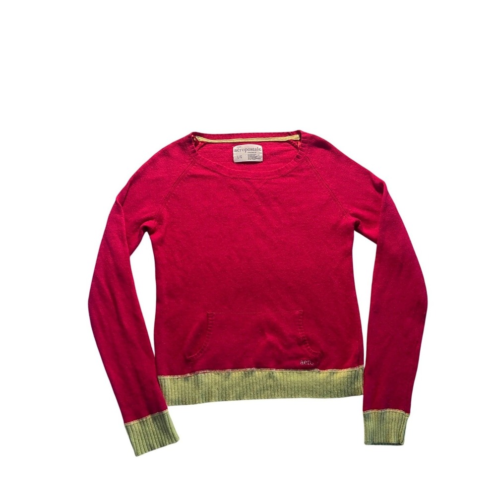 Y2K Pink Knit Sweater Angora Blend Kangaroo Pocket Lime Green Trim L Aeropostale